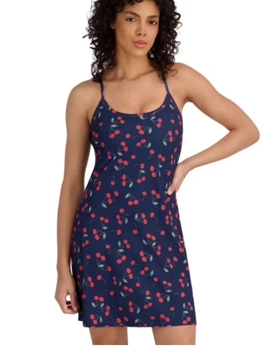NWT Outdoor Voices Women's Navy Blue With Cherry Print Exercise Dress size Small